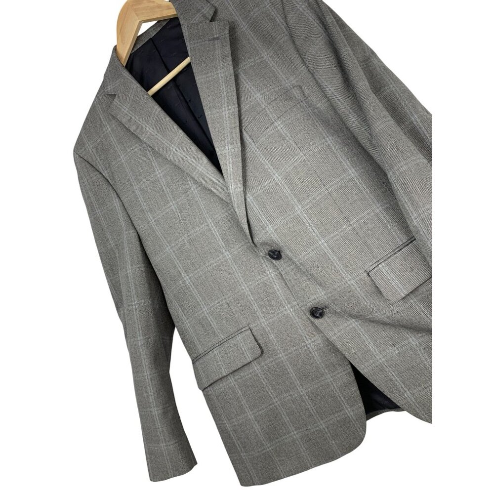 New Michael Kors Mens Grey Plaid Two-Button Blazer 44R Polyester Blend RH10466